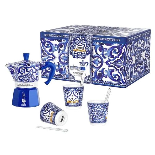 Bialetti Dolce&Gabbana Moka Express kávéfőző 6 adag +  Dolce&Gabbana csésze 3 darab/ ezüst keverő 3 darab Díszdobozban D&G