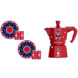 Bialetti Karácsonyi Maci - Moka Express kávéfőző 3 személyes, piros színű + csésze és csészealj szett 2db